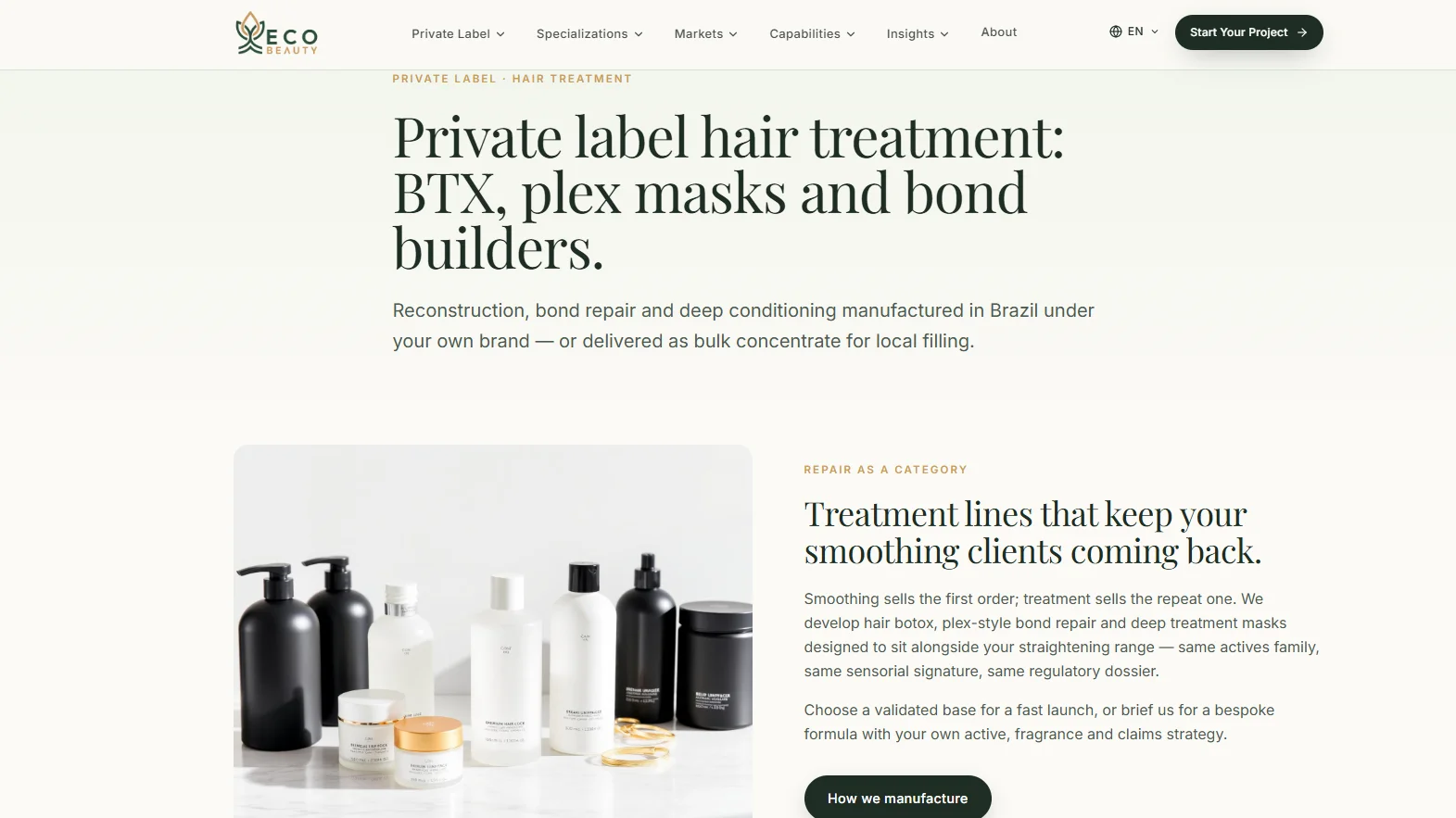 A webpage highlighting private label hair treatments such as BTX, plex masks, and bond builders for deep conditioning and repair, with product bottles displayed on a white surface.